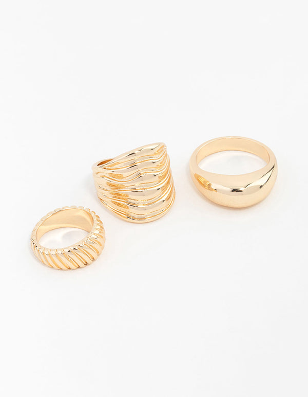 Gold Ribbed Rings 3-Pack