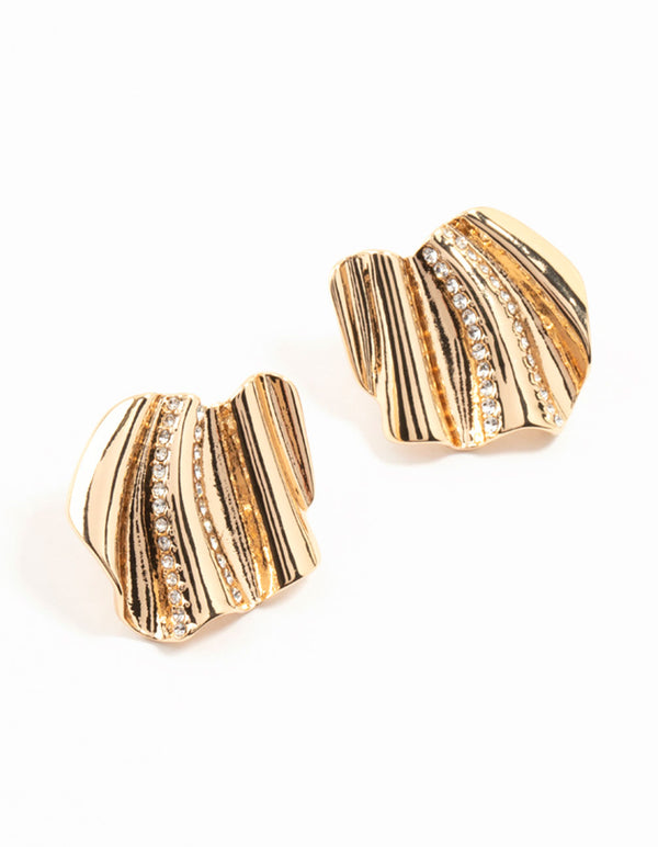 Gold Diamante Crinkle Fan Stud Earrings