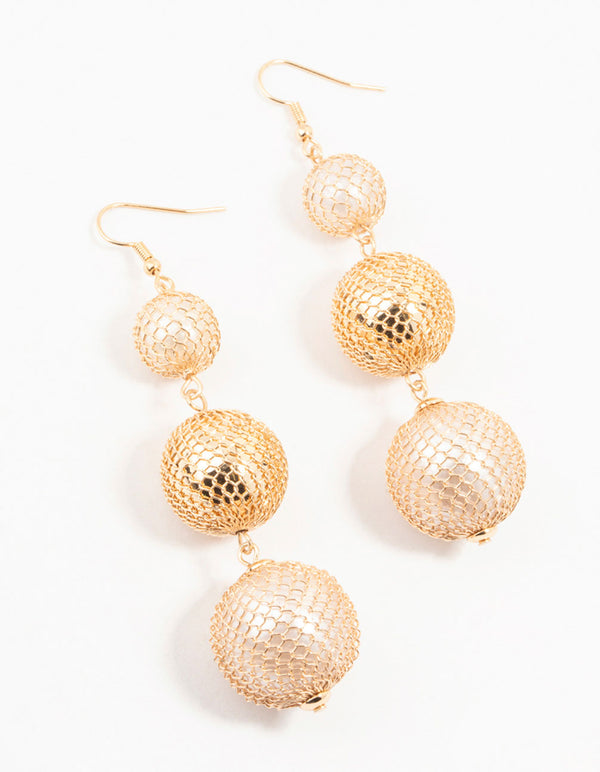 Gold Fishnet Ball Drop Earrings