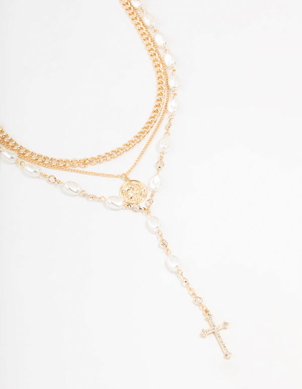 Gold Multi Row Mixed Pearl Necklace