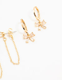 Gold Plated Brass Heart Bow Chain Earrings 4-Pack - link has visual effect only