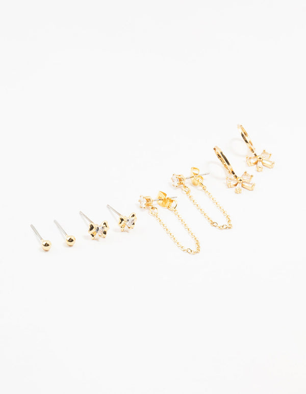 Gold Plated Brass Heart Bow Chain Earrings 4-Pack