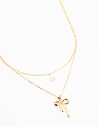 Gold Plated Brass Bow & Pearl Layered Necklace - link has visual effect only