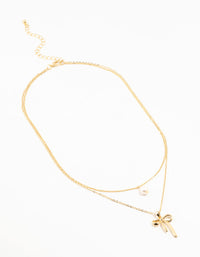 Gold Plated Brass Bow & Pearl Layered Necklace - link has visual effect only