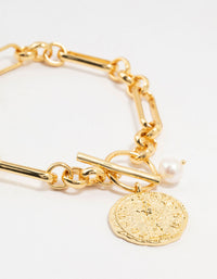 Gold Plated Brass Rectangular Link With Coin Bracelet - link has visual effect only