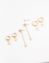 Gold Mixed Cubic Zirconia & Pearls Drop Earrings 3-Pack - link has visual effect only