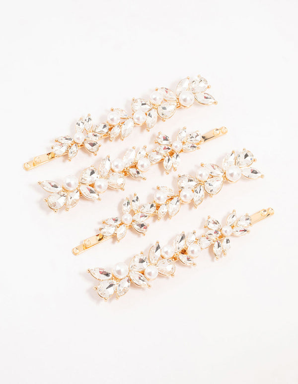 Gold Leafy Diamante Crystal & Freshwater Pearl Hair Clips 4-Pack