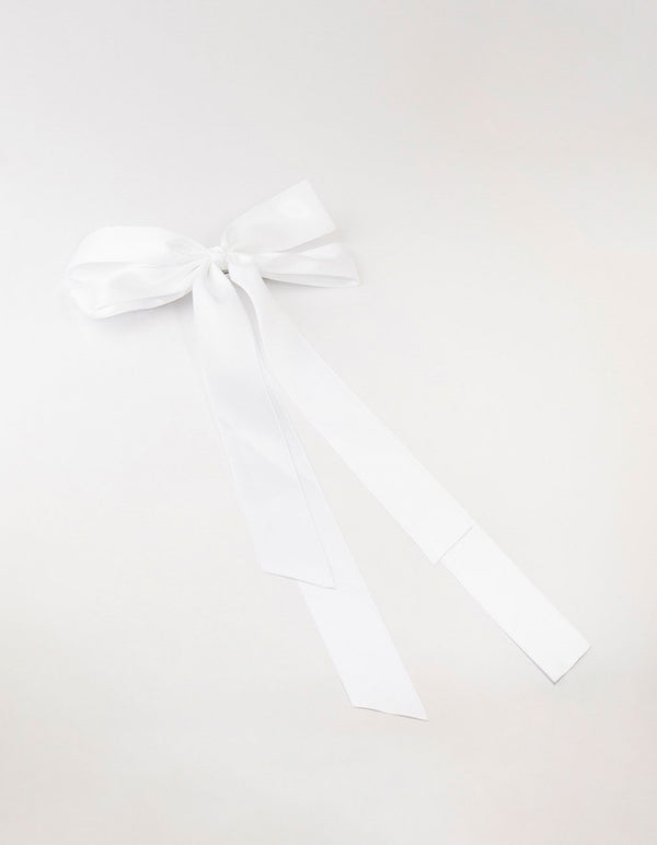 White Fabric Oversized Ribbon Bow Clip