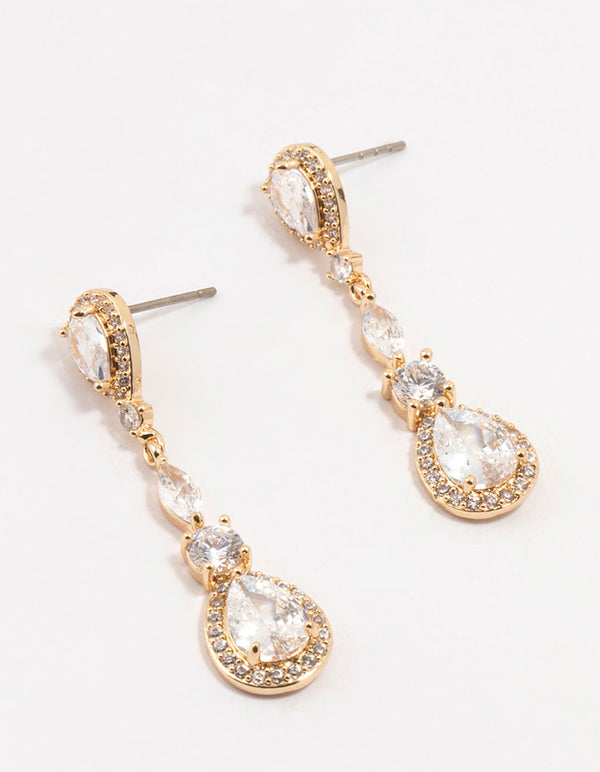 Gold Cubic Zirconia Pear Halo Drop Earrings