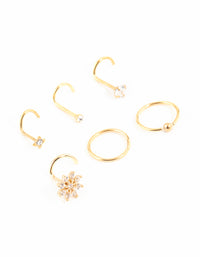 Gold Plated Surgical Steel Cubic Zirconia Flower Nose Ring & Stud 6-Pack - link has visual effect only