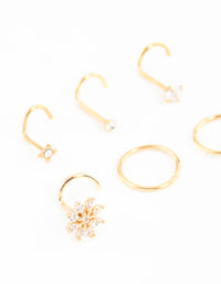 Gold Plated Surgical Steel Cubic Zirconia Flower Nose Ring & Stud 6-Pack - link has visual effect only