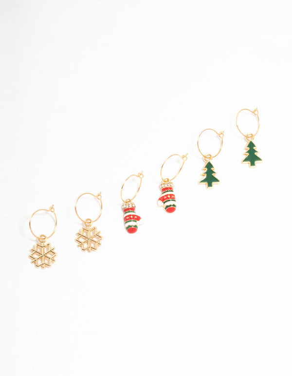 Gold, Green & Red Sleeper Earrings 3-Pack