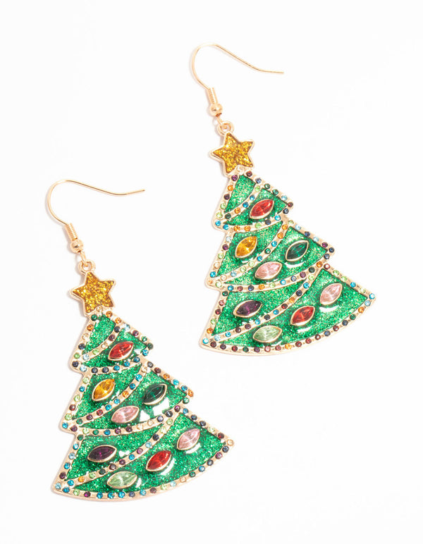 Green Enamel Tree Drop Earrings