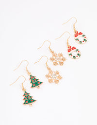 Wreath, Tree & Snowflake Drop Earrings 3-Pack - link has visual effect only