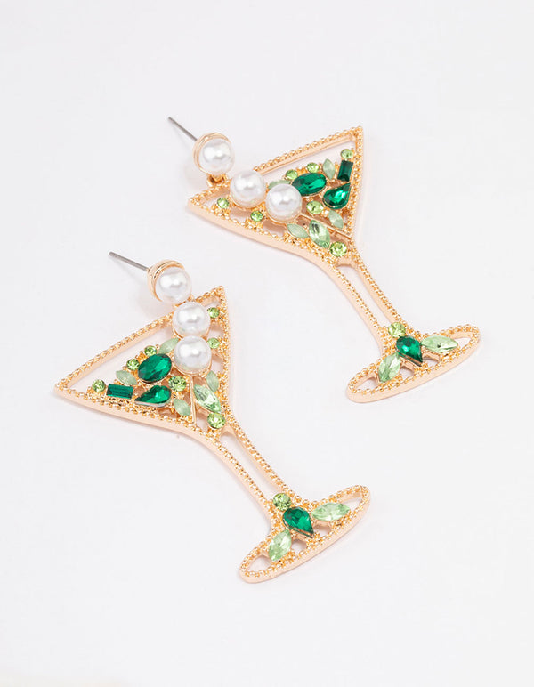 Green Diamante & Pearls Cocktail Earrings