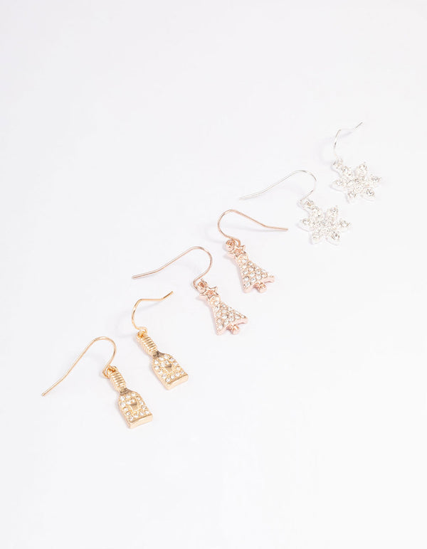 Mixed Metals Snowflake, Wine Bottle & Tree Earrings 3-Pack