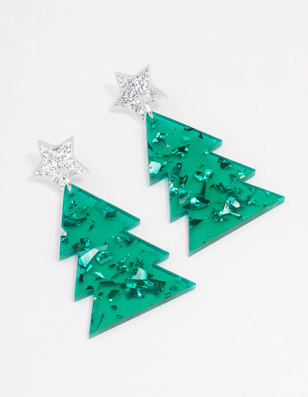 Green Acrylic With Silver Star Tree Earrings