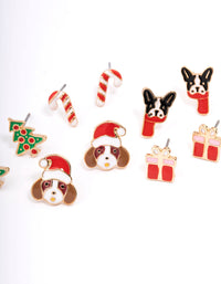 Festive Dog & Present Stud Earrings 5-Pack - link has visual effect only