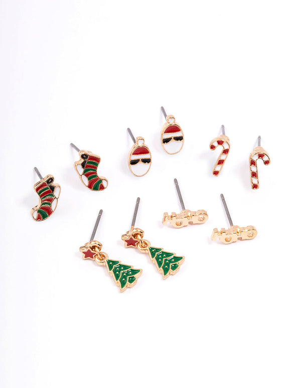 Gold Ho Ho Ho & Tree Earrings 5-Pack