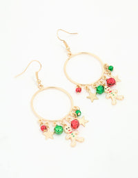 Gold Gingerbread Man & Bells Hoop Drop Earrings - link has visual effect only