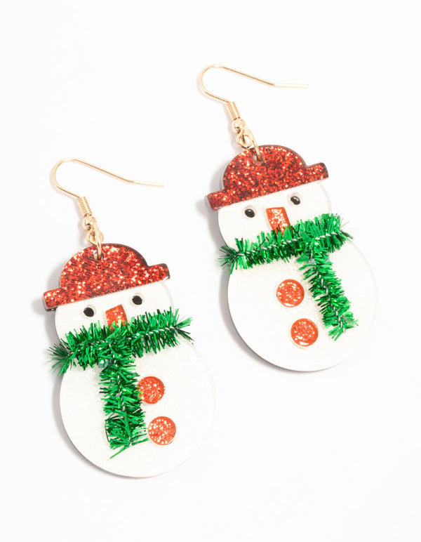 Snowman With Green Tinsel Scarf Acrylic Drop Earrings