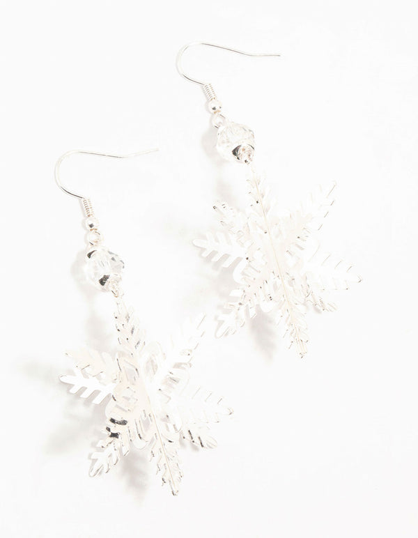 3D Snowflake Silver Drop Earrings