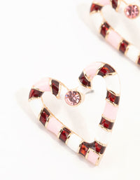 Pink & Red Candy Cane Heart Gold Stud Earrings - link has visual effect only