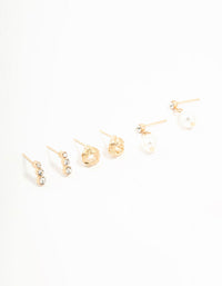 Gold Pearl & Diamante Stud Earrings 3-Pack - link has visual effect only