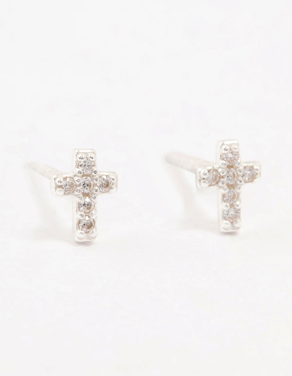 Cubic Zirconia Cross Sterling Silver Stud Earrings