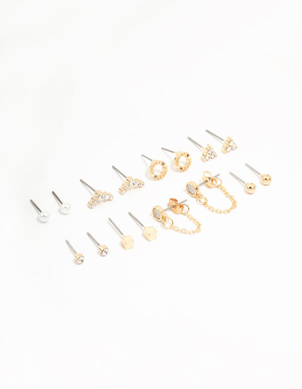 Gold Stud & Chain Diamante Earrings 8-Pack