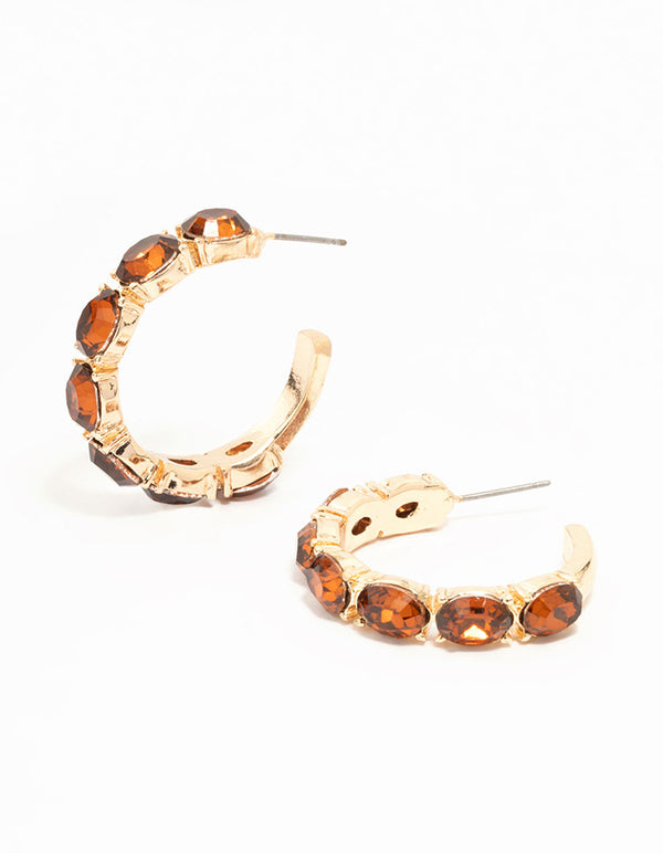 Gold Oval Amber Diamante Hoop Earrings