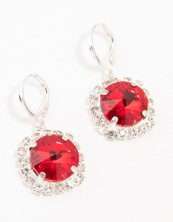 Silver Clicker Halo Red  Diamante Hoop Earrings