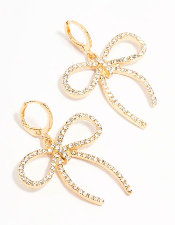 Gold Diamante Bow Clicker Drop Earrings