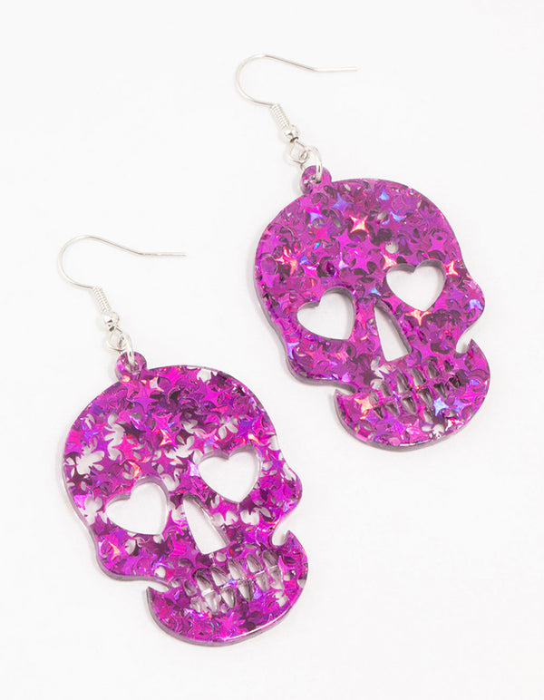 Purple Confetti Acrylic Skull Drop Earrings