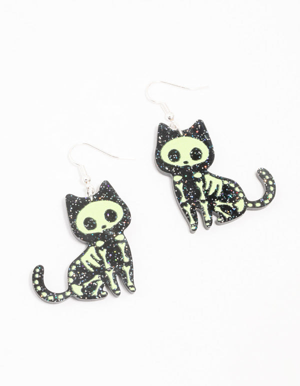 Acrylic Glitter Skeleton Cat Drop Earrings