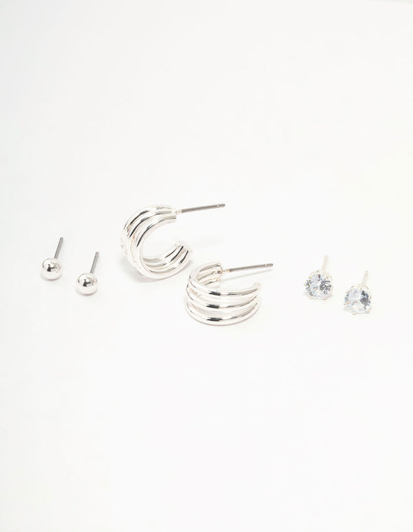 Silver Diamante Triple Hoop Stud Earrings 3-Pack