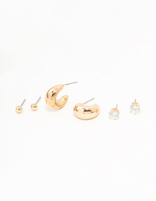 Gold Hoop, Sleek & Diamante stud Earrings 3-Pack