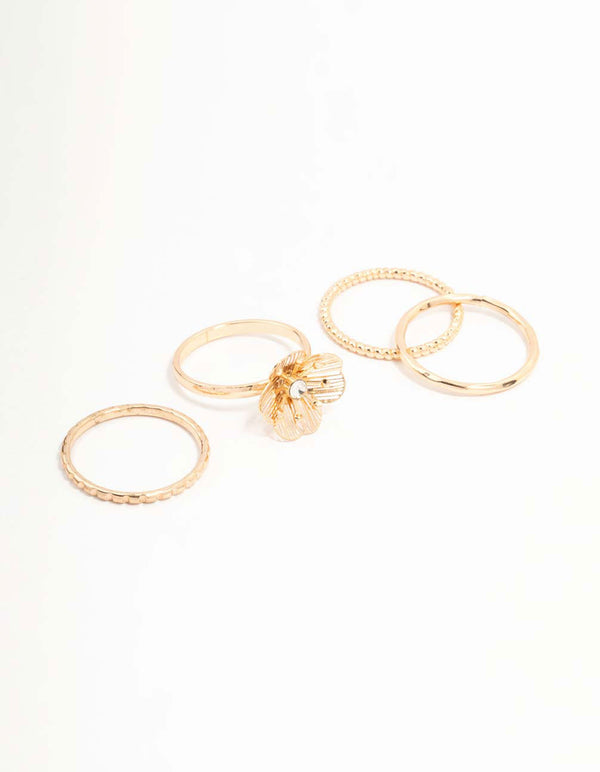 Gold Diamante Wire Flower Rings 3-Pack