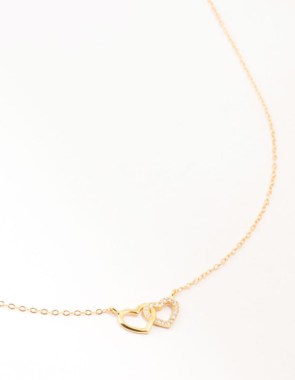 Gold Plated Sterling Silver Double Heart Cubic Zirconia Necklace