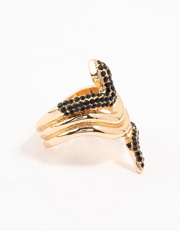 Black Diamante & Gold Stacked Snake Ring