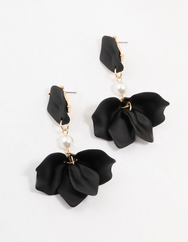 Black Coated Pearl Floral Drop Earrings