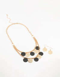 Black & Gold Molten Disc Necklace & Earrings Set - link has visual effect only