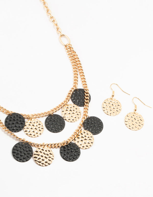 Black & Gold Molten Disc Necklace & Earrings Set