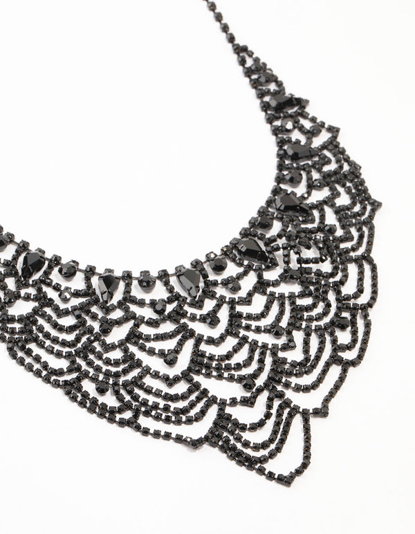 Black Coated Diamante Lace Pattern Necklace