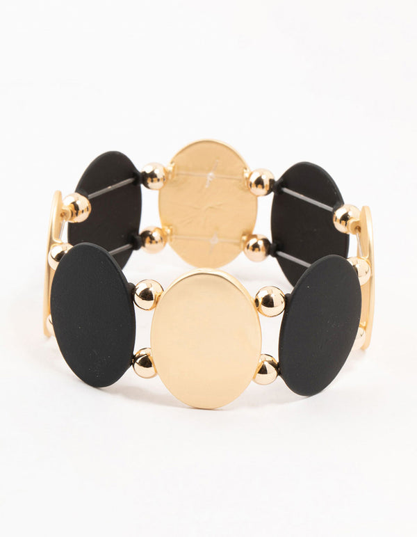 Black & Gold Oval Disc Stretch Bracelet