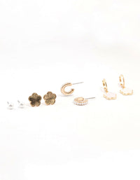 Gold Plated Pearl & Clover Earrings 4-Pack - link has visual effect only