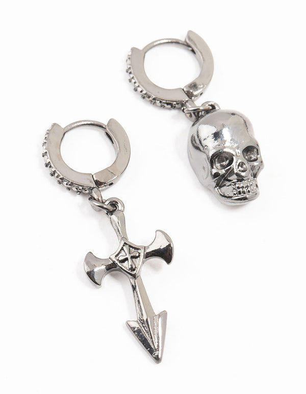 Gunmetal Diamante Cross & Skull Huggie Earrings