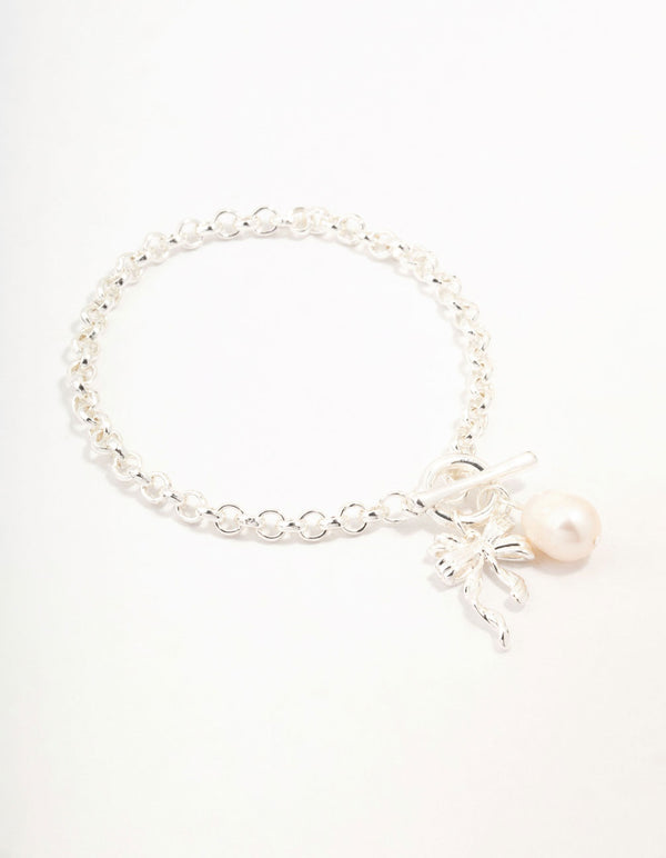 Silver Plated T & O Freshwater Pearl & Bow Charm Bracelet