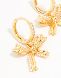 Gold Plated Brass Freshwater Pearl Encrusted Bow Drop Huggie Earrings - link has visual effect only