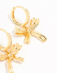 Gold Plated Brass Freshwater Pearl Encrusted Bow Drop Huggie Earrings - link has visual effect only